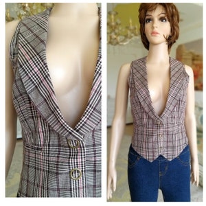 Checkered Vest Patterned Top womens Plaid Vest Vintage womens Vest waistcoats Retro Vest Patterned Vest M