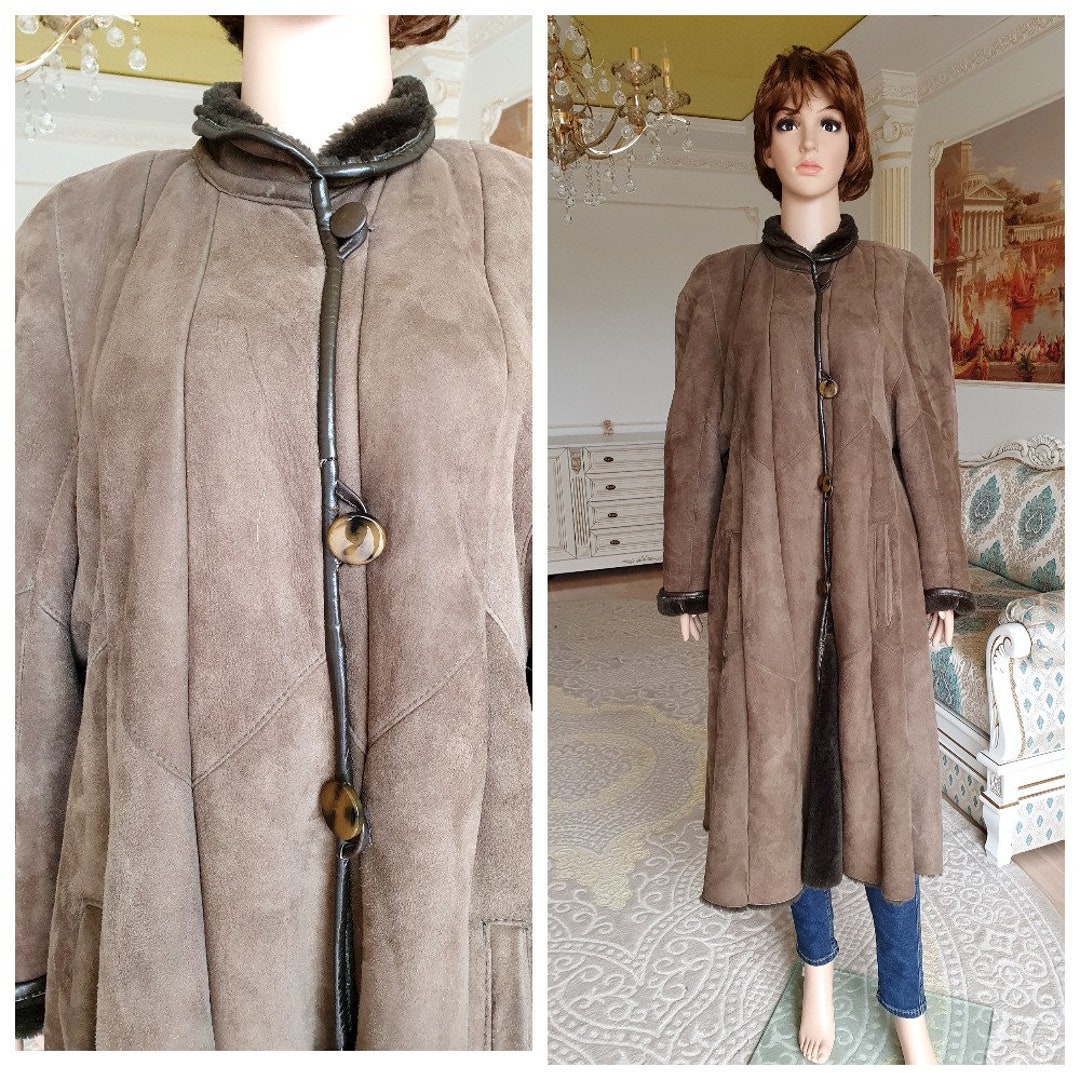 Khaki Sheepskin Coat XL Women Coat Overcoat Long Leather Coat Winter