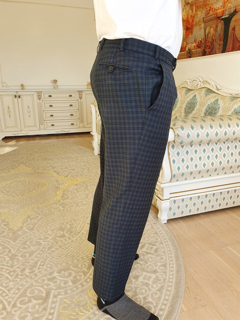 blue Plaid Pants XL Retro Pants Mens Pants Checkered Pants Vintage Tartan Pants Golf Pants Disco Pants pleated Pants bottom plaid Trousers image 5