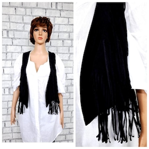 Black Fringe Vest XXS Faux Suede Vest Black faux Leather Vest cowgirl Vest Vintage womens Vest Festival Vest 90s Western  biker vest