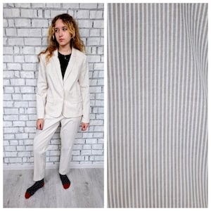 Womens suit vintage L  Womens pants suit pants set mod suit Beige suit striped  suit Two Piece suit formal suit  striped blazer