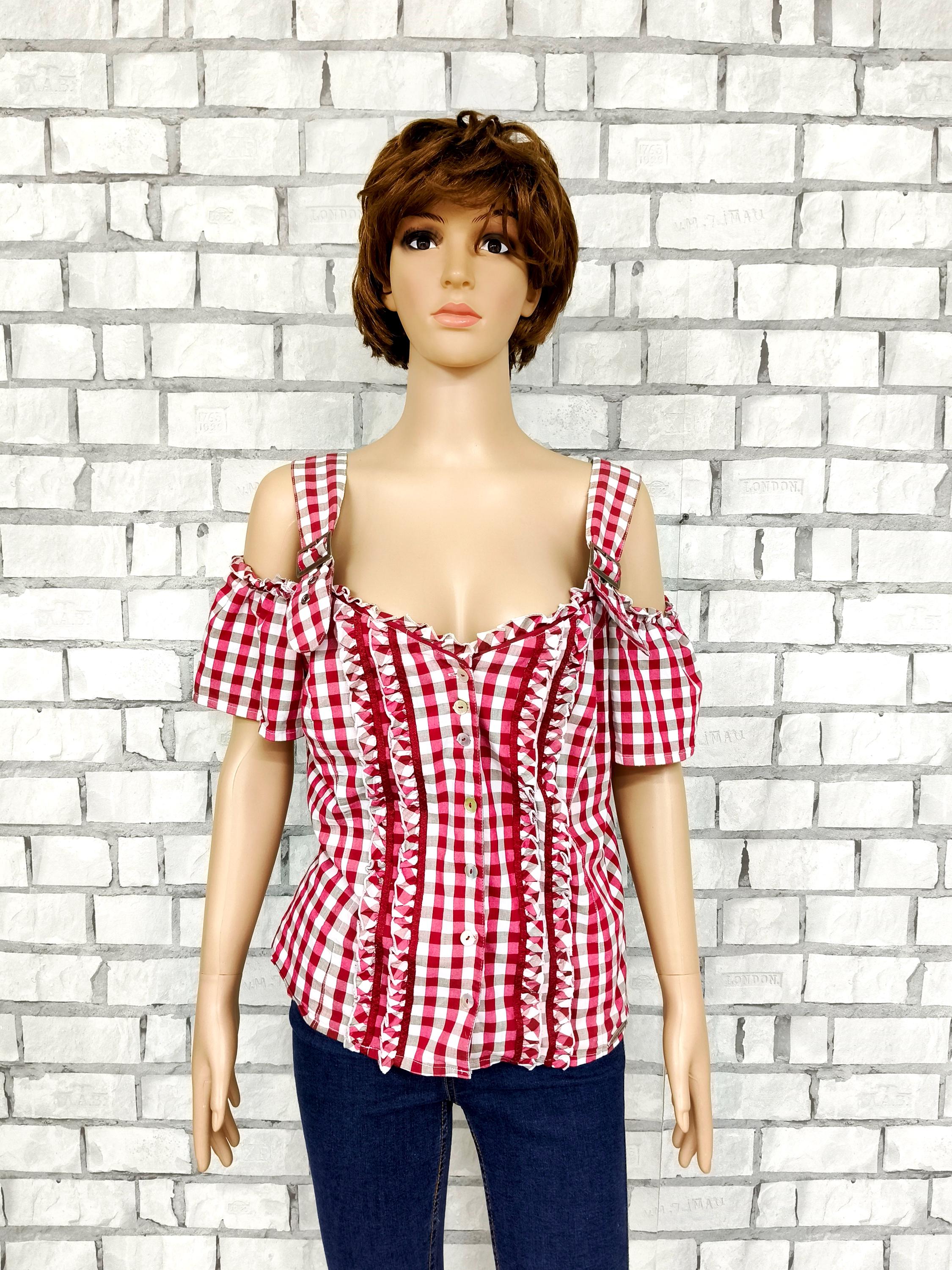 burgundy  Gingham Shirt Gingham Dirndl Blouse Gingham Blouse dirndl top Button Up Shirt  check shirt check Blouse Vintage cotton shirt XL