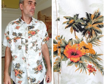 hawaiian shirt aloha shirt men Shirt 2XL floral shirt boho shirt hibiscus print shirt orange Hawaiian Print Hippie shirt beach shirt