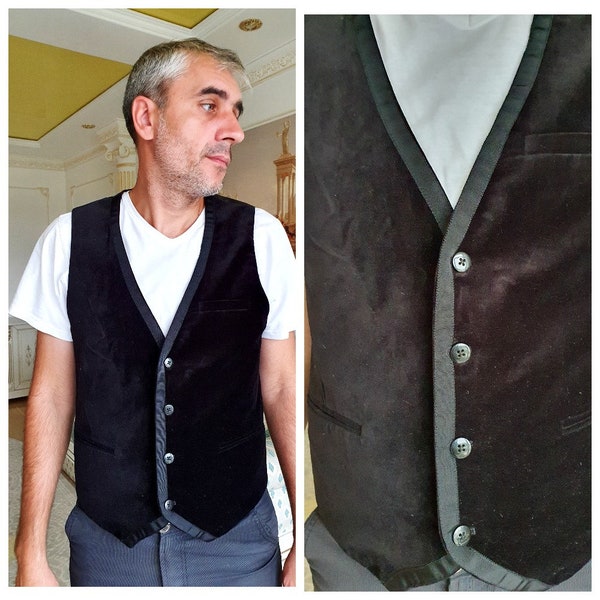 H&M Mens Suit Vest groomsman gift Mens velvet Vest Vintage groom vest black Vest black velvet Vest L sleeveless top gothic vest