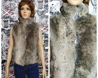 faux fur vest vintage vegan gift  warm vest womens vest zip vest S winter vest brown vest  womens top warm top winter top