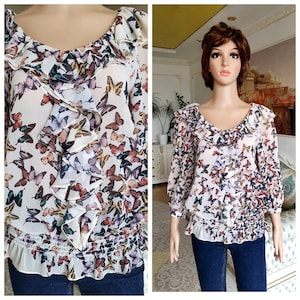 butterfly Ruffle blouse boho shirt womens shirt butterfly print blouse womenS top butterfly top butterfly shirt M Ruffle top