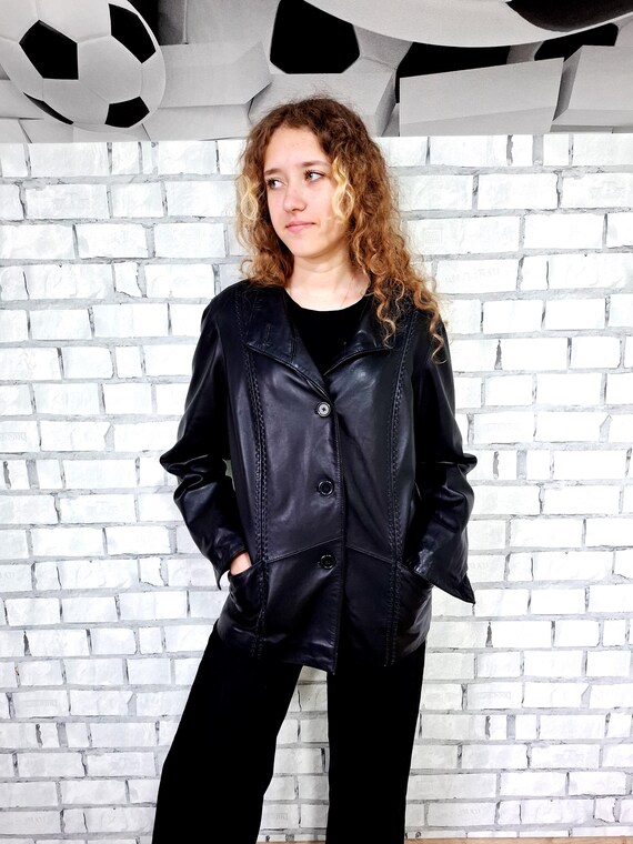 BLACK Leather Coat L BLACK Leather Jacket vintage Leather Clothing autumn spring Jacket women coat BLACK womens leather blazer