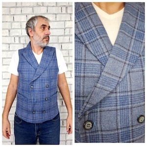 father gift  wool Vest L mens Tweed Vest Vintage Blue Vest waistcoats Plaid tartan  Vest Check Vest Warm Vest winter Vest