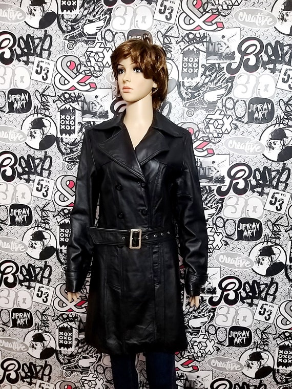 BLACK Leather trench vintage womens Leather Clothi