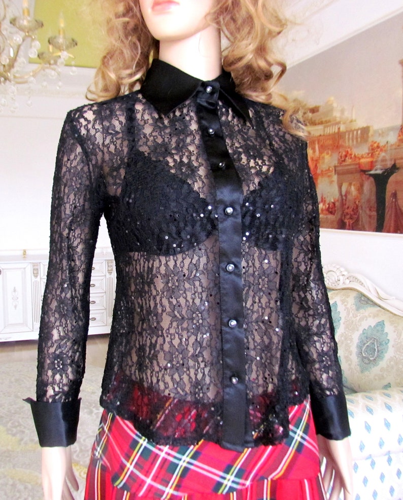 Black lace blouse Black blouse Black lace top Goth top Black top Gothic top Sheer top Gothic blouse Goth blouse Sheer blouse Sheer Shirt M