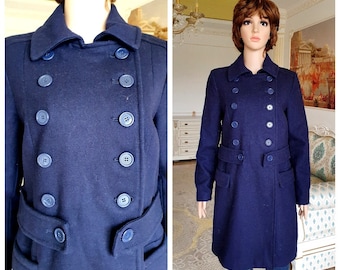 womens coat L navy blue coat winter coat wool Coat retro Coat cozy coat  Double Breasted coat Autumn coat Vintage Spring coat