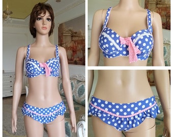 blue Swimsuit blue polka dot Swimsuit Vintage blue polka dot Bikini Set Two Piece Bikini Bottoms bikini Top blue Bikini S scrunch butt