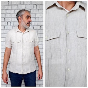 linen Clothing mens linen shirt L  Beige linen shirt summer shirts casual everyday shirt  Button Up Shirt Flax Shirt boho shirts