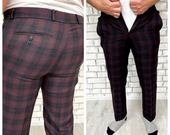 Mens Trousers burgundy Plaid Pants tartan Retro Pants Mens Pants pleated Pants Vintage wool Pants Golf Pants Disco Pants plaid Trousers M