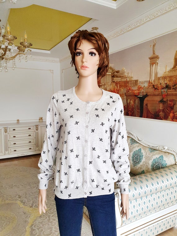 Womens Sweater Bee Print Sweater Womens Cardigan Bee Cardigan Knitted Sweater Knitted Cardigan M Gray Cardigan Womens Top Bee Top
