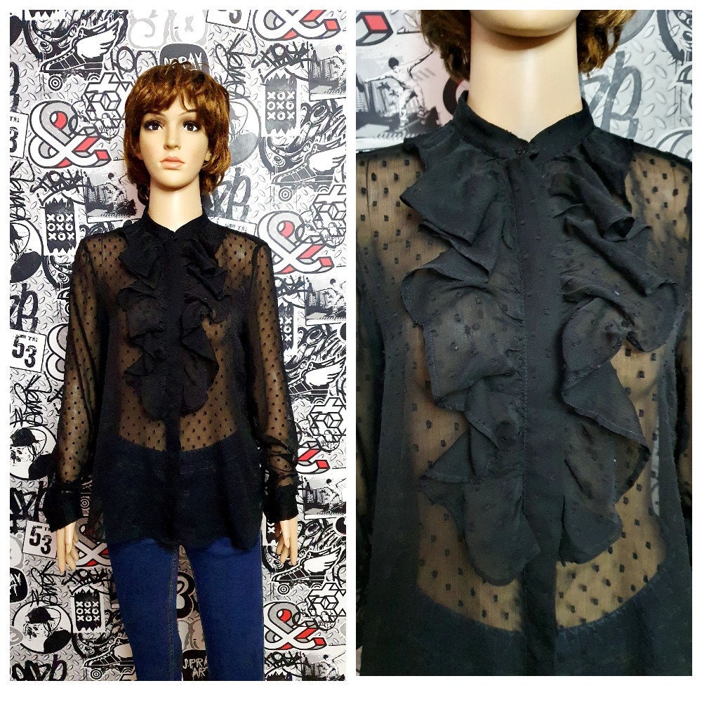 Polka Dot Black Ruffle Blouse Ruffle Top L Black Black