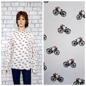 Beige Mockneck everyday blouse L Minimalist blouse bicycle print blouse womens blouse womens shirts Boho blouse high neck Turtleneck blouse