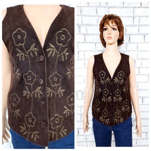 festival vest S Brown Embroidery Leather Vest Vintage womens Vest boho patterned  hippie vest sleeveless top folk  Embroidered ethnic vest