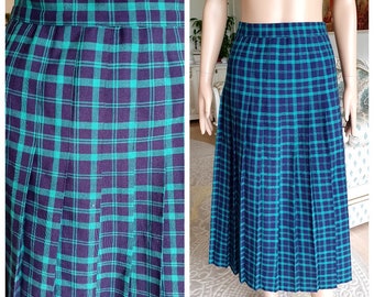 90s green plaid skirt XL Pleated Skirt womens skirt Vintage halloween costume halloween Skirt Boho Skirt Long Skirt