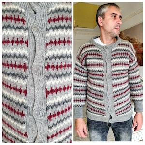 mens sweater gray sweater mens cardigan Knitted wool cardigan Winter sweater warm sweater Striped cardigan wool Knitted sweater M