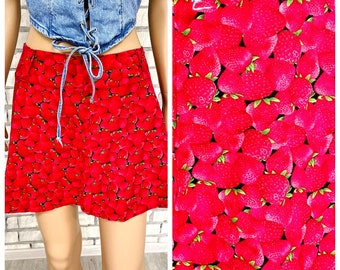 women skirt L Strawberry print skirt Rockabilly skirt skater skirt summer skirt Pin Up skirt Circle skirt RED mini skirt sun skirt