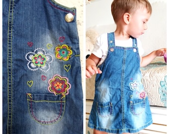 12-18 mesi grembiule Dress denim dress ragazze abito ricamato FLoral ricamo dress bambini bambino vestito bambino vestito FLoral jeans dress