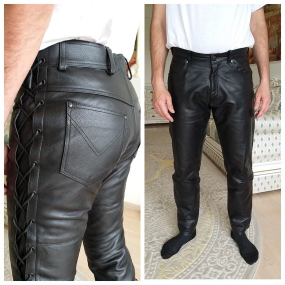 Men/'s Real Distressed Leather 5 Pockets Levi’s Style Pants Leather Trousers