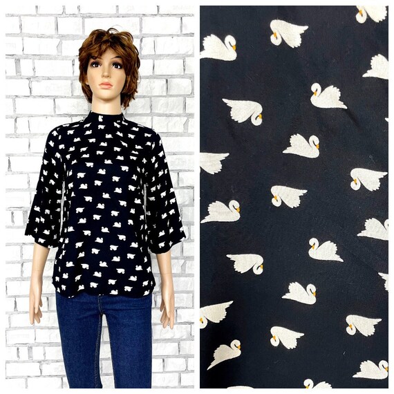 swan print blouse S womens blouse swan shirt swan top womens shirt bird shirt bird blouse everyday blouse bird  top