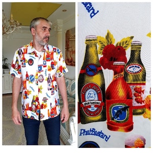 orange aloha shirt mens Shirt L drink print shirt boho shirt beer print shirt Hawaiian shirts Hawaiian Print Hippie shirt beach shirt