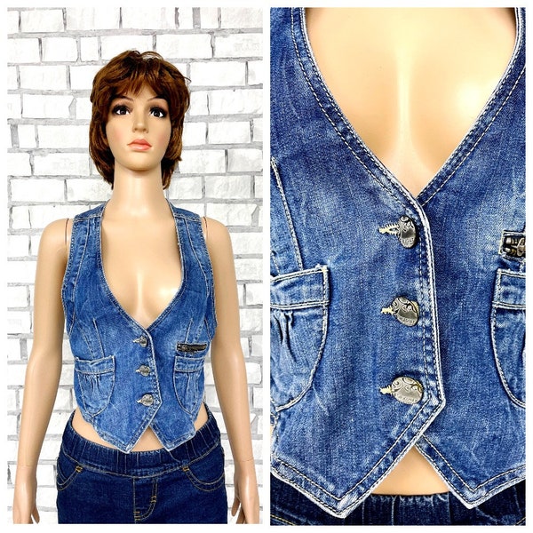 BLUE denim Top XS womens denim Vest Vintage BLUE jeans Top jeans Vest cotton Top womens Vest waistcoats Retro Vest jeans Vest cotton Vest