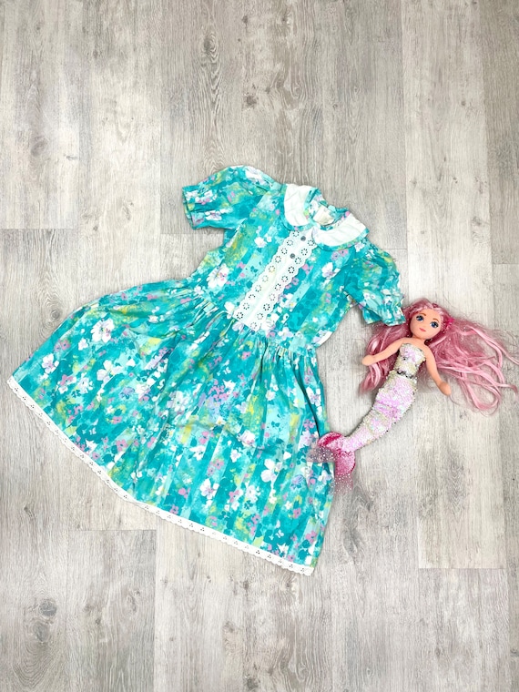 10 years peter pan collar dress aqua Baby girl dress Kids child dress  toddler dress summer outfit summer dress Floral dress children dress