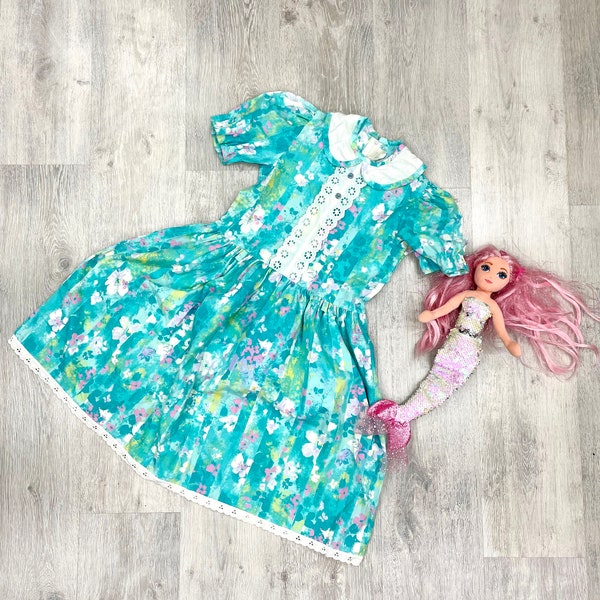 10 years  peter pan collar dress aqua Baby girl dress Kids child dress toddler dress summer outfit summer dress Floral dress children dress