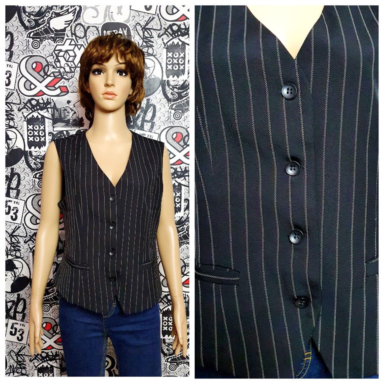 Black Striped Vest Vintage Womens Vest Steampunk Vest Etsy