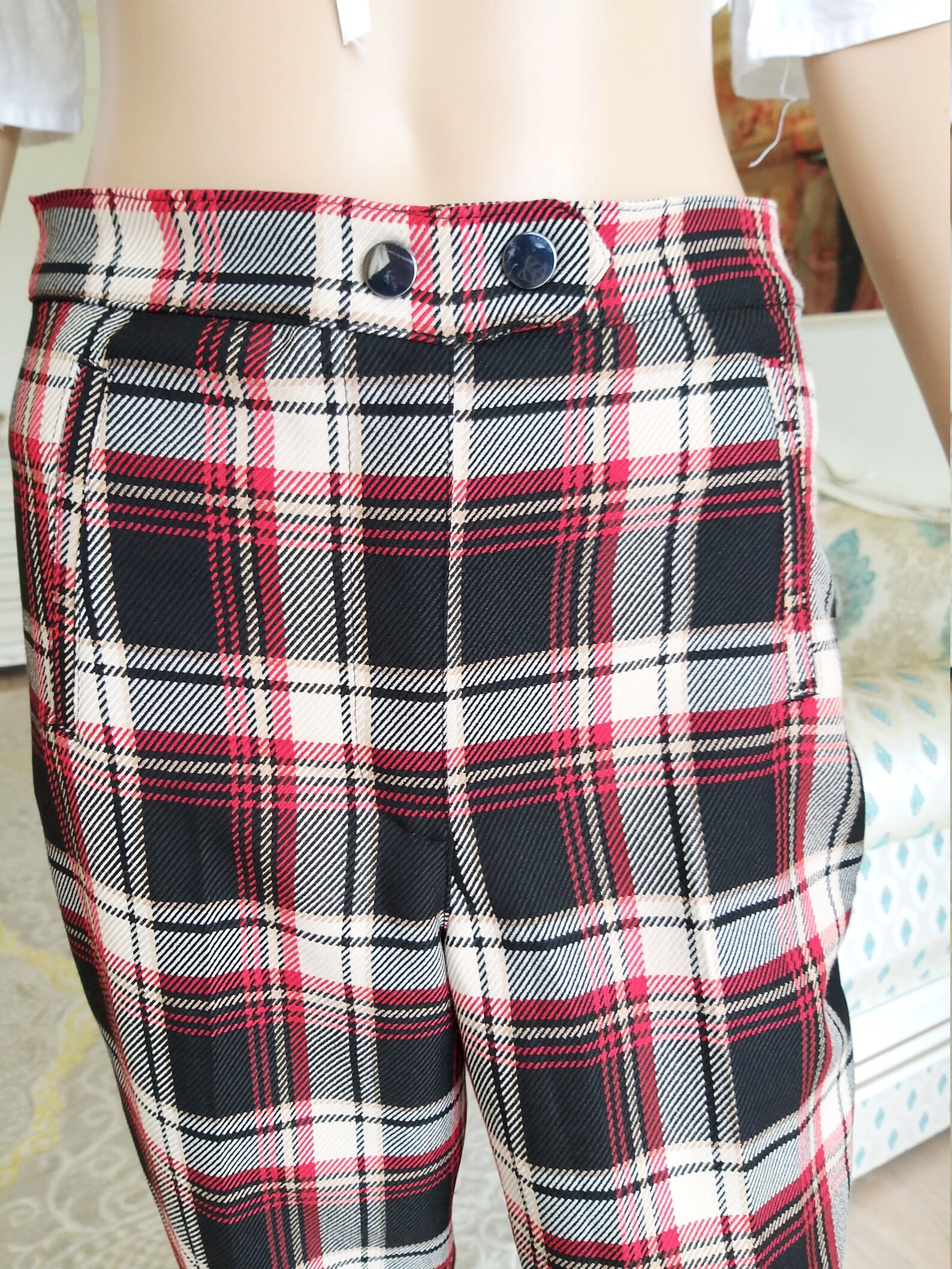womens plaid pants with side stripe