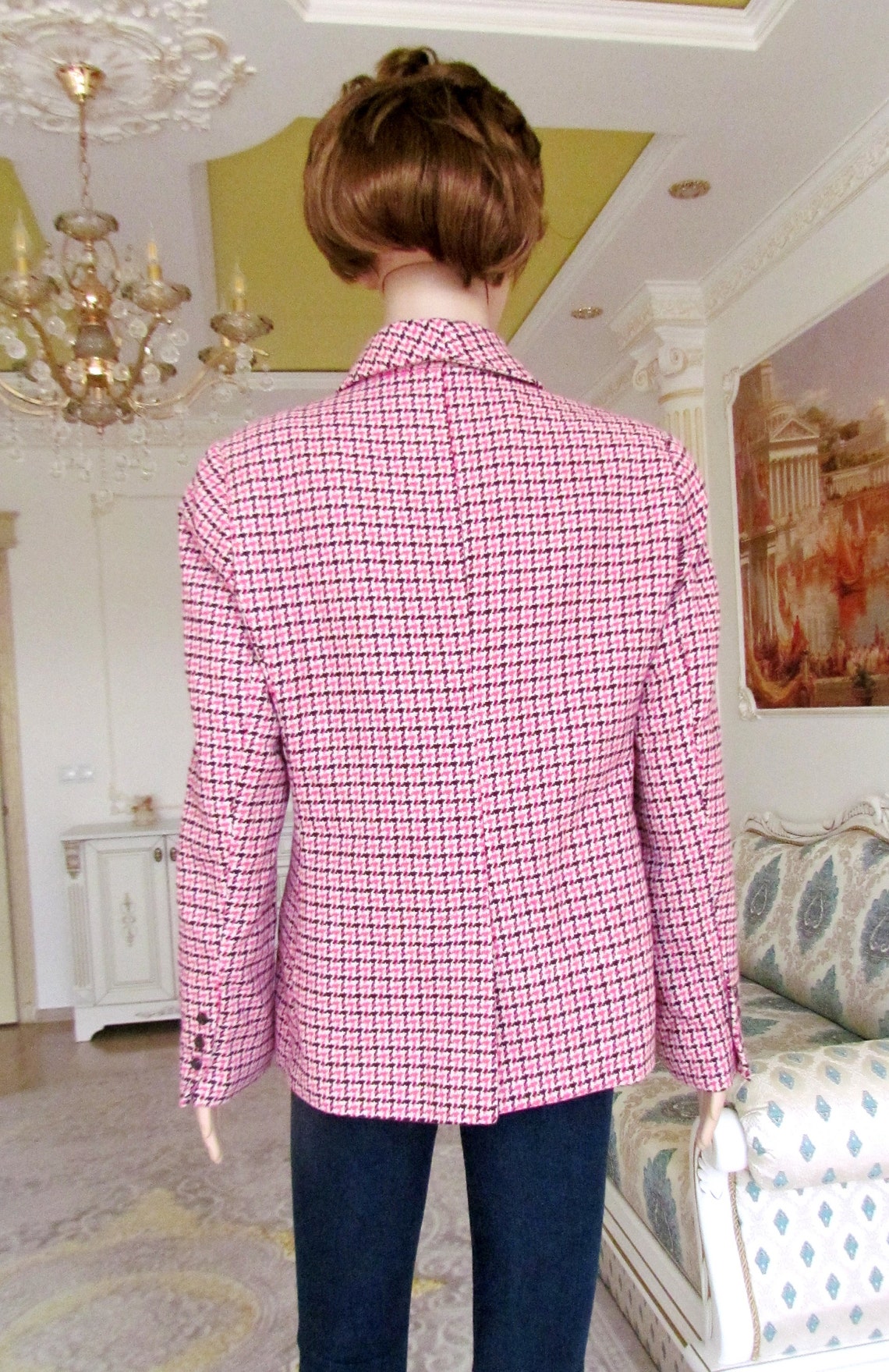 Button jacket Womens checkered jacket pink wool jacket wool Etsy