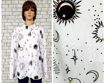 celestial blouse black white blouse XL sun moon shirt moon print blouse women blouse Galaxy blouse boho hippie  minimalist everyday blous