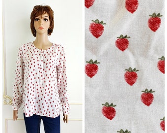 strawberry shirt strawberry blouse WHITE blouse STRAWBERRY print Clothing womens blouse minimalist Blouse boho hippie casual everyday blouse