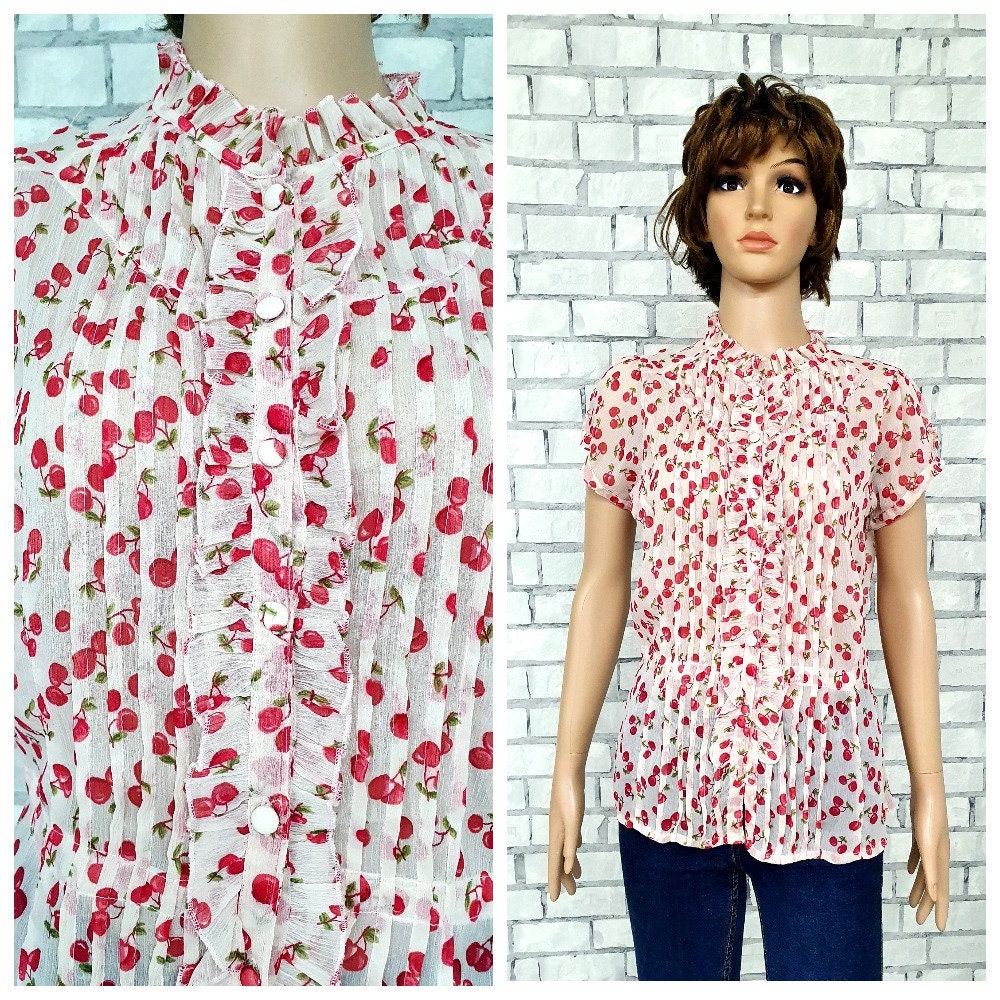 Blusa de cerezas para mujer ropa con estampado de cerezas Camisa vintage de cerezas Camisa de verano Camisa de playa con parte superior de cereza Blusa de verano de playa Blusa bohemia