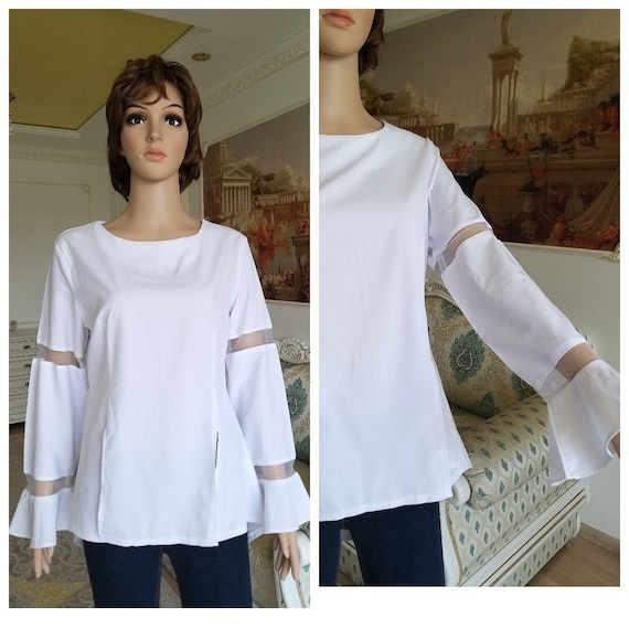 Femme blouse romantique blouse blanche boho Secretaire costume bureau Classique blouse Bell Sleeve Blouse assymetrique blouse formelle M Etsy France