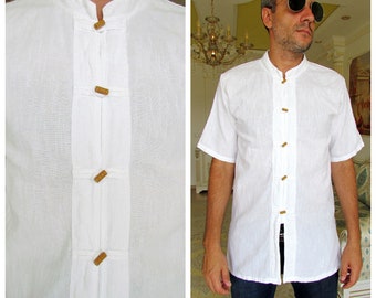 mens cotton Shirt white cotton Shirt Vintage ethno shirt Folk shirts  Button Up Shirt mens retro shirt Hippie Shirt Trachten Shirt M