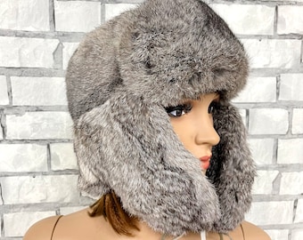 UNISEX rabbit fur hat gray fur hat winter hat warm hat winter wear Headwear retro hat russian hat Earflap hats  Ears Hat rabbit fur cap