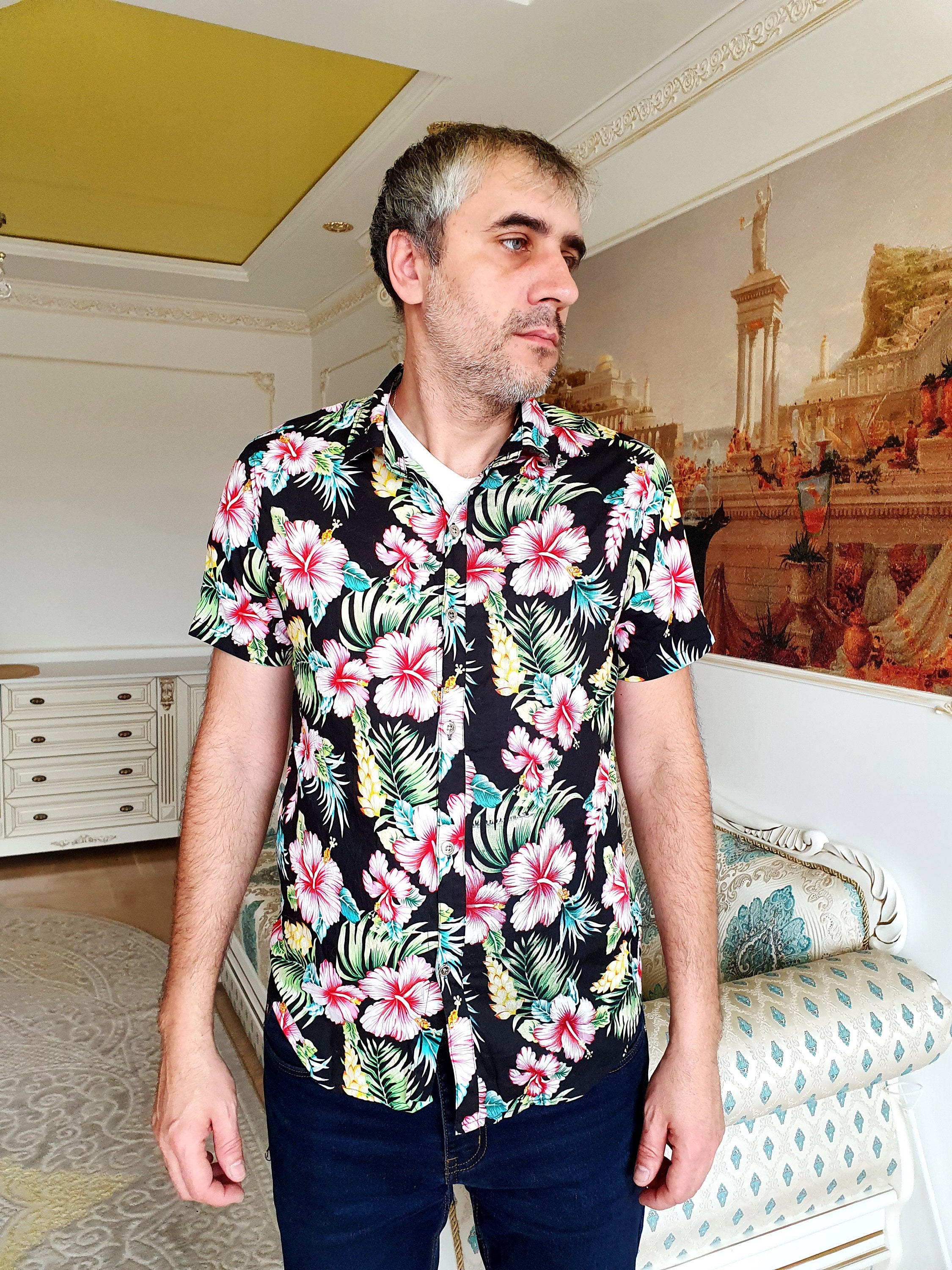 Black Boho Shirt Hibiscus Print Shirt Beach Shirt Aloha