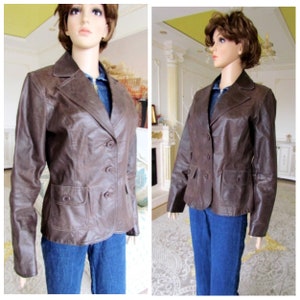 womens Leather blazer 70s retro blazer womens Leather Clothing Vintage Leather jacket brown blazer brown jacket buttom Blazer M image 1