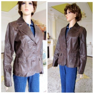 womens Leather blazer 70s retro blazer womens Leather Clothing Vintage Leather jacket brown blazer brown jacket buttom Blazer M