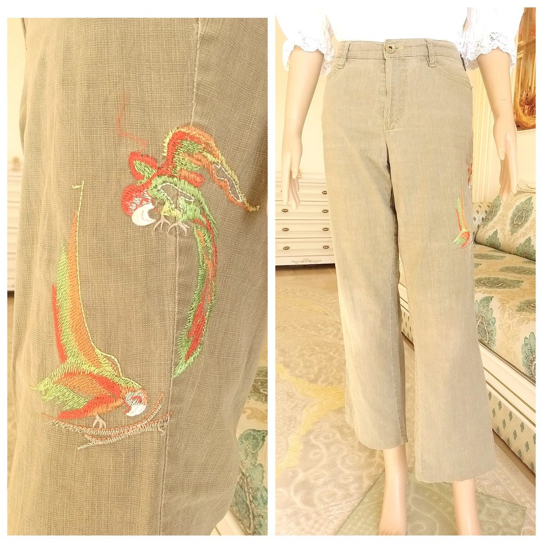 Parrot Print Embroidered Jeans Pants Bird Denim Pants Khaki Jeans Pants ...