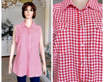 Red white Gingham Shirt Gingham Dirndl Blouse Gingham Blouse dirndl top Gingham top  bavarian cotton shirt L