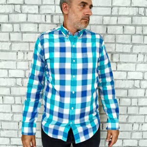 Tommy Hilfiger Shirt M Blue Plaid Shirt mens Shirt Blue tartan Shirt western Shirt  long sleeve shirt Hippie shirt