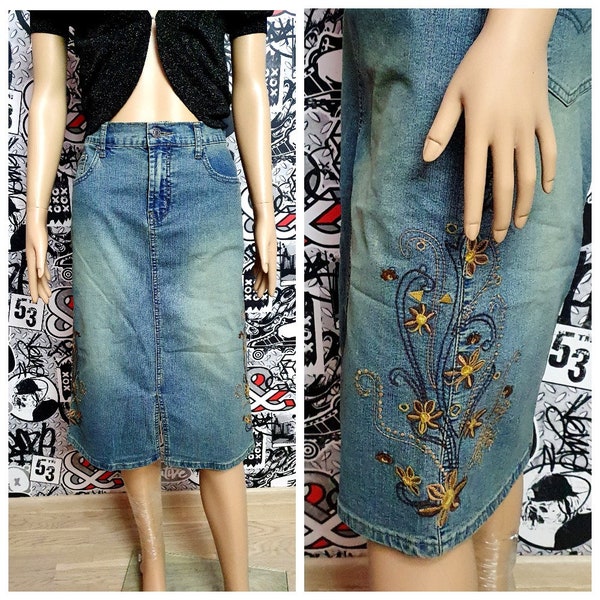 Embroidered skirt  Denim skirt womens skirt pensil skirt blue Denim skirt Vintage Midi skirt Jeans Skirt L Embroidery skirt