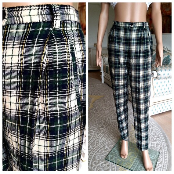 Womens Green Plaid Pants Retro Pants 