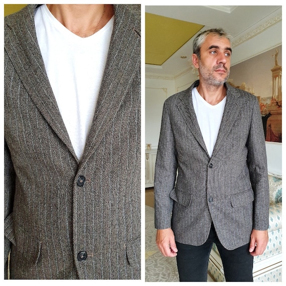 Tweed Jacket Men Clothing 80s Mens Blazer M Vintage Wool Blazer